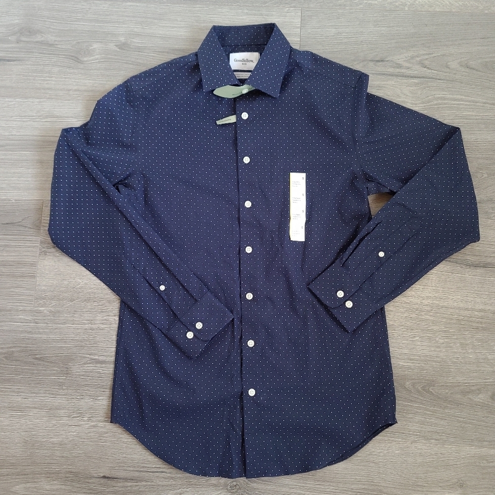 Goodfellow Men's Standard Fit Navy Polka Dots Button Front Shirt Small